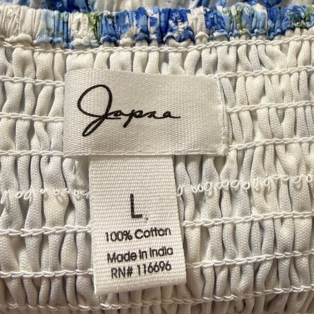 Japna Blue White Floral Eyelet Cotton Mini Dress Smocked Back NWT Size L - Picture 3 of 9